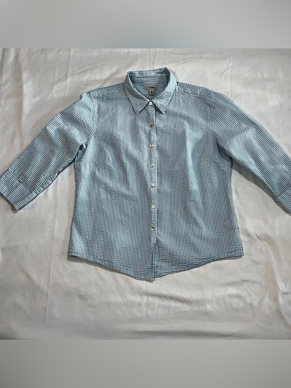 L.L.Bean Blue White Seersucker 3/4 Sleeve Button Down Shirt Large P92